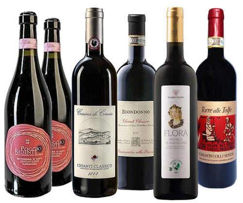 Forfait dégustation vins bio d' Italie, 6 bout., moins 8% remise